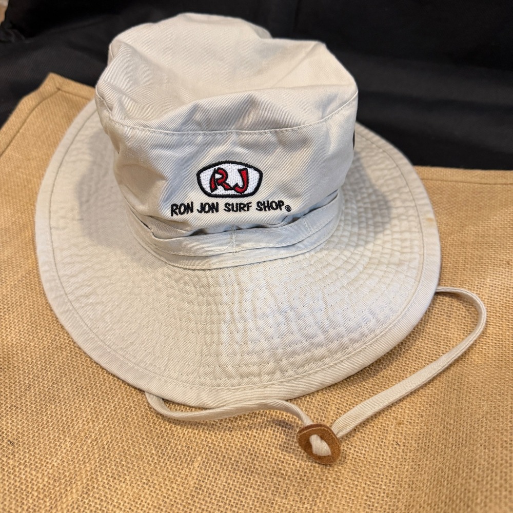 Ron Jon Surf Shop Khaki Bucket Hat Mens Medium Cotton Sun Hat with Chin Strap